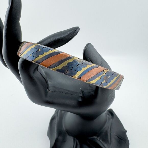 Vintage Copper Brass & Black Enamel Cuff Bracelet Mixed Metal Boho Tribal Rustic - Picture 1 of 7